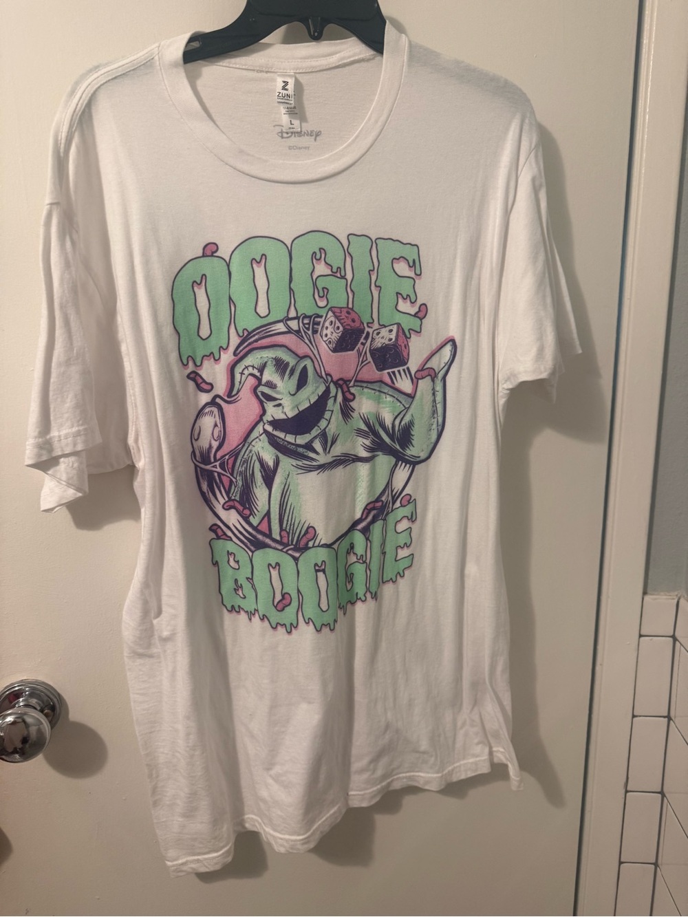 Oogie Boogie Graphic Tee – White with Green and Purple Print
